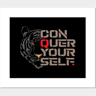 Conquer Yourself A Tiger Face For Dark Background Good Motivational Quotes Posters and Art